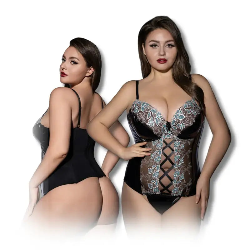 PLUS SIZE Teddy - 2 Pcs Black Deep V Neck Bustey Corset with Spaghetti Straps Lace Detailing and Thongs - Frisky Business Adult Sex Toys Shop