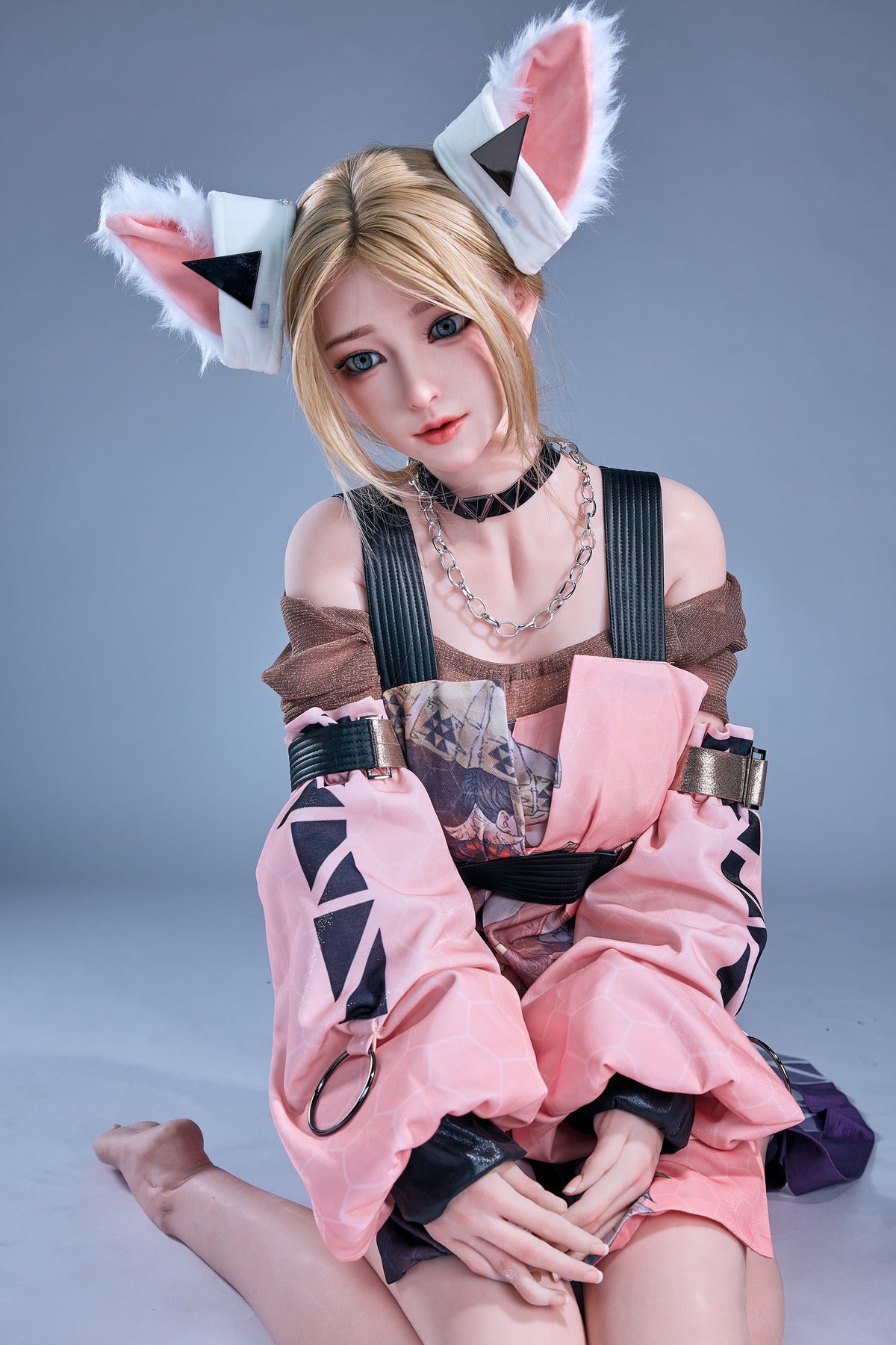 Full-body view of Starpery 171 cm D - Luli seated in a pink kimono-style outfit with white animal ears.