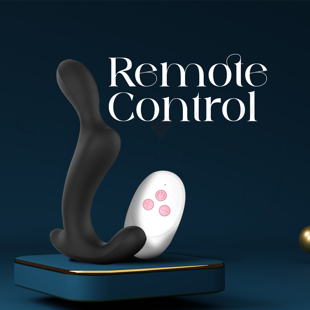 Black device and white remote control with pink buttons on a dark blue background