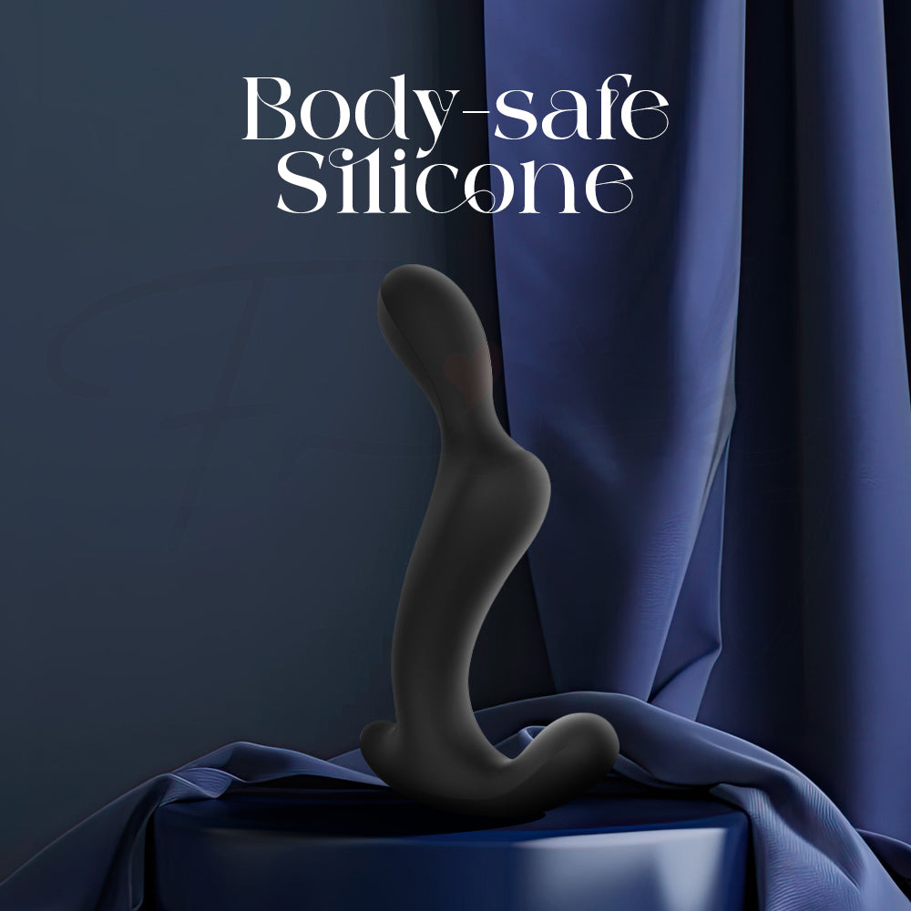 Prostate Massager on a blue fabric background with 'Body-safe Silicone' text.
