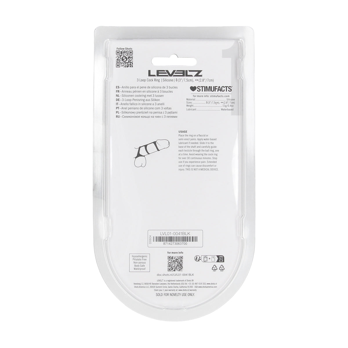 LEVELZ 3-Loop Silicone Cock Ring Black portable design with retail packaging for discreet storage and travel Singapore