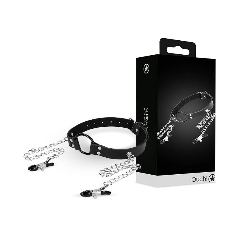 SHOTS Ouch! Metal O-Ring Gag with Nipple Clamps - Black