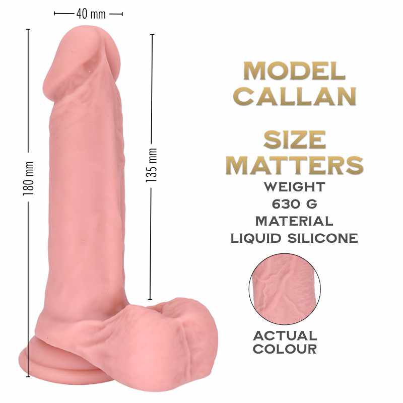 Silicone dildo labeled 'Model Callan' with measurements and material details on a white background.