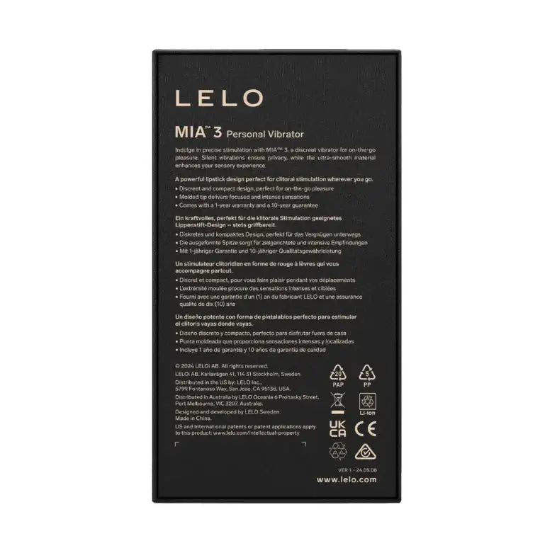 LELO Mia 3 Clitoral Vibrator Black elegant black finish with sleek ergonomic design suitable for solo or partnered sessions Singapore