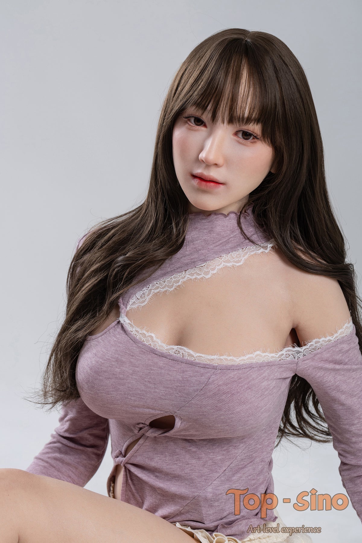 Top Sino 167 cm Platinum Silicone Recreated Series - Miyan V2 (RRS+) wearing a purple off-shoulder top with lace details on a plain background