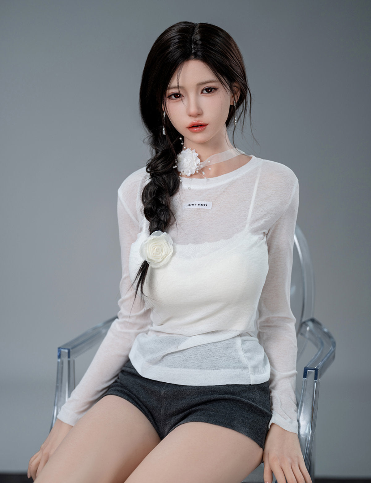 TOP-CYDOLL 168cm F-Cup Liang Realistic Sex Doll upper body three-quarter view in white long sleeve top, highlighting realistic silicone skin texture with long dark hair