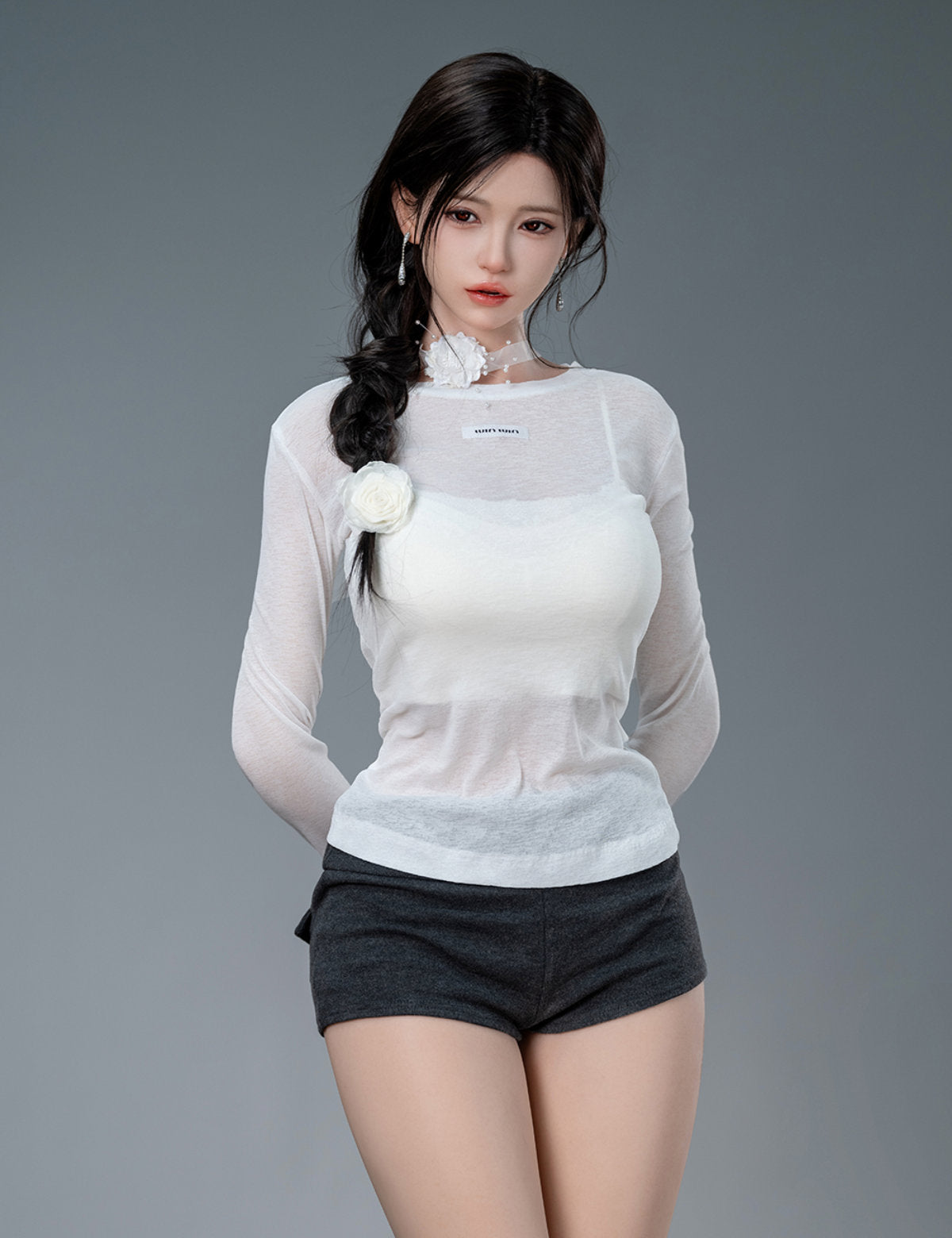 TOP-CYDOLL 168cm F-Cup Liang Realistic Sex Doll full body side view in white top and dark shorts, highlighting realistic 168cm silicone figure detail