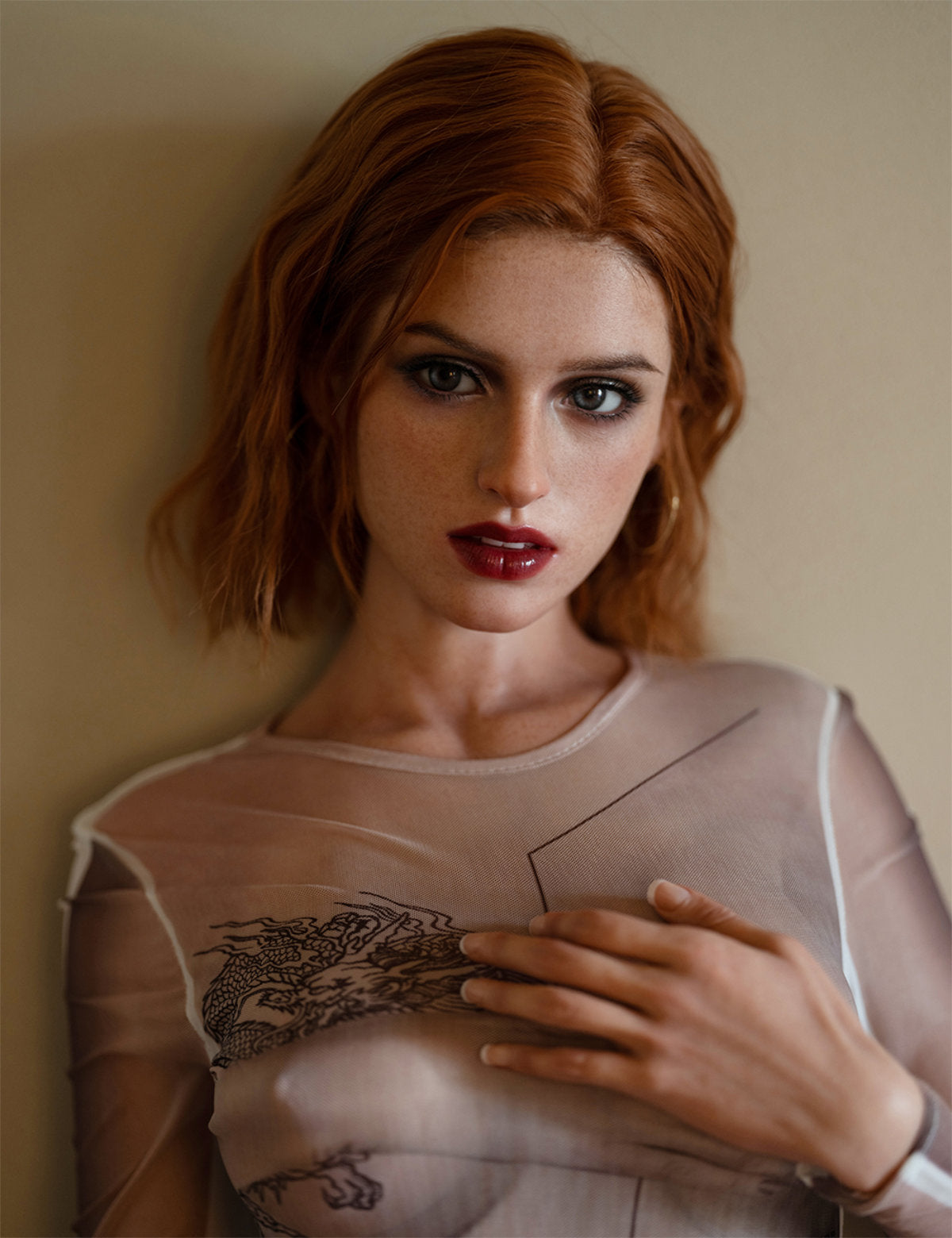 TOP-CYDOLL 170cm C Rowan Realistic Sex Doll upper body three-quarter view in black sheer mesh bodysuit, showcasing realistic silicone skin texture and craftsmanship