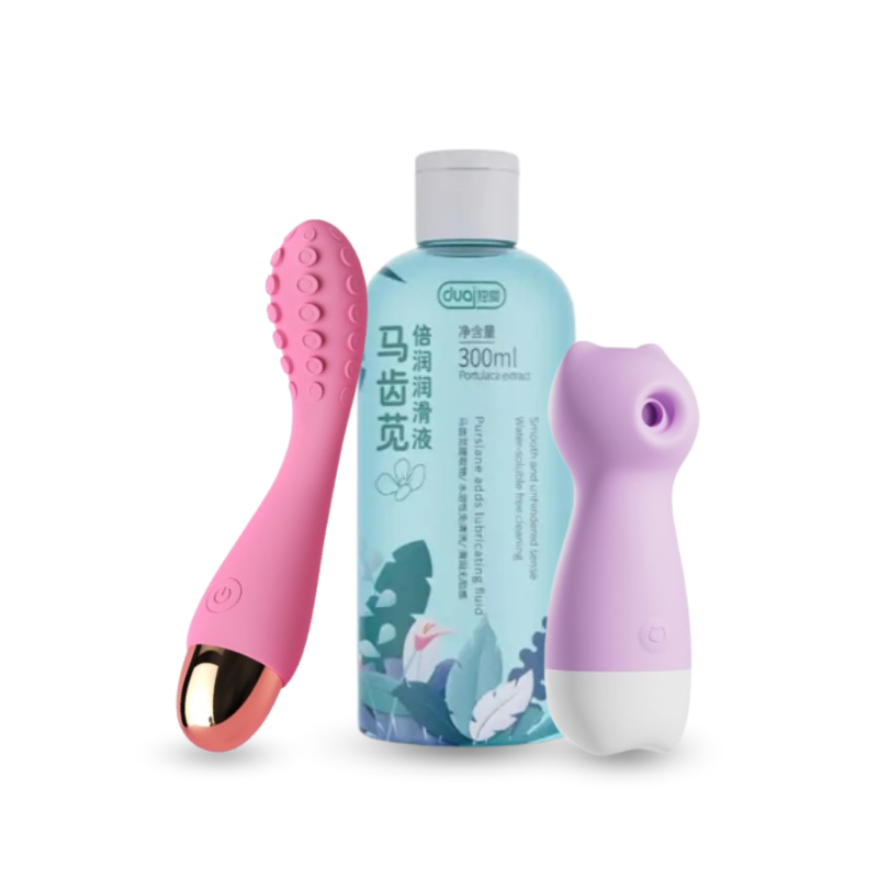 Pink ridged G-spot vibrator, teal lubricant bottle, and purple mini bullet vibrator