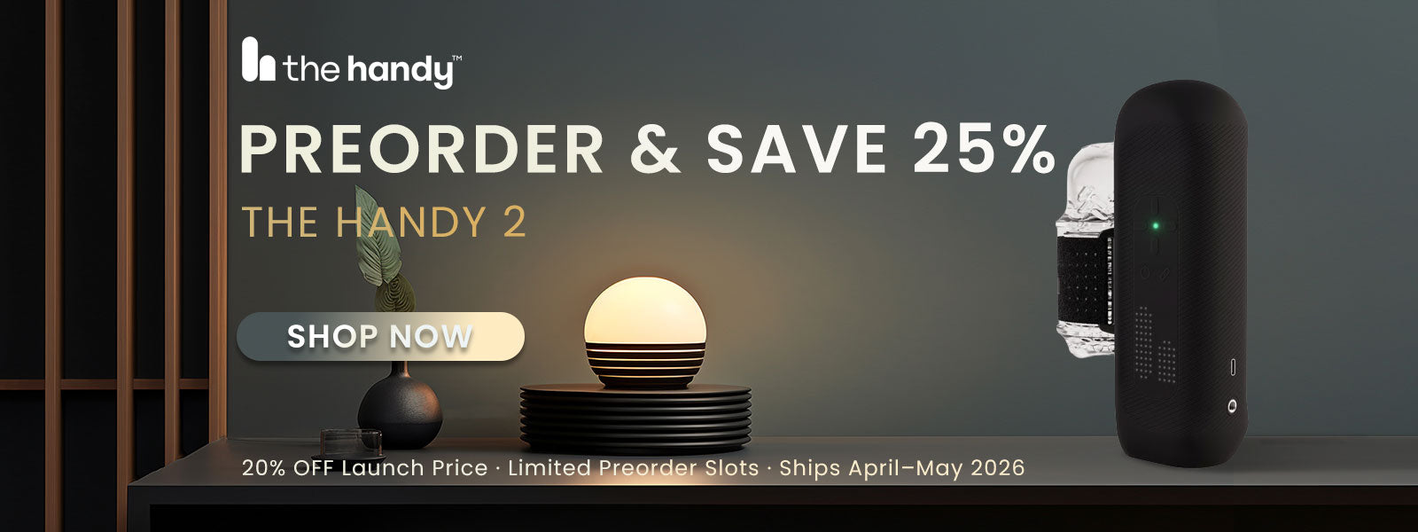Advertisement for The Handy 2 male Masturbator with preorder offer on a dark background.