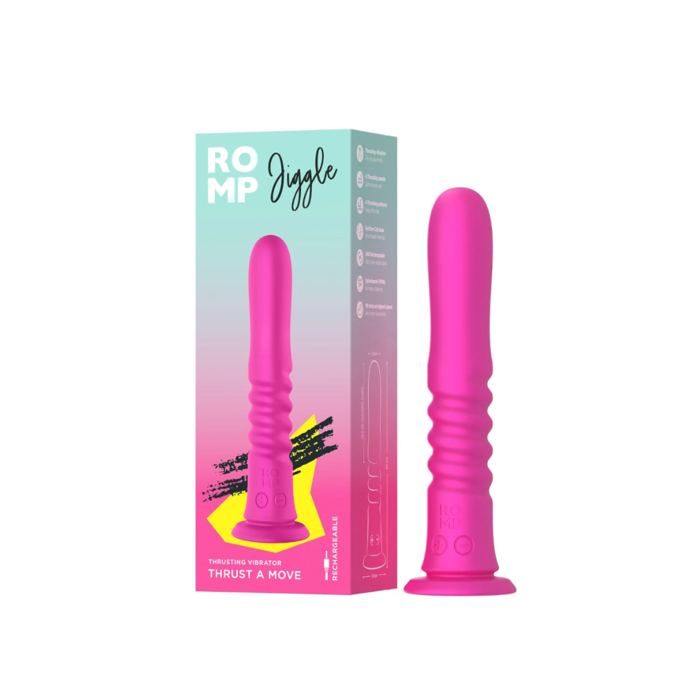 ROMP Jiggle thrusting dildo with packaging showing full product and branding