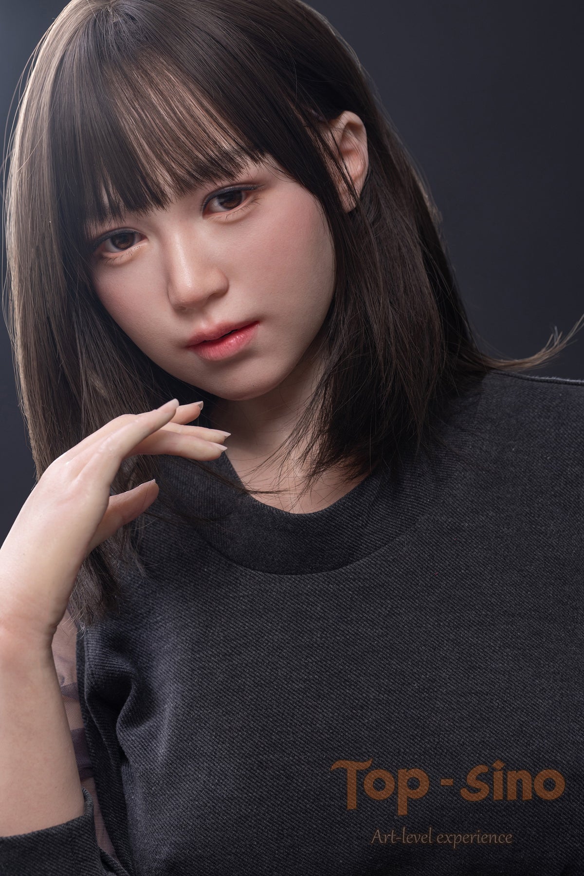 Top Sino 167 cm Platinum Silicone Recreated Series - Miju V2 (RRS+) in a face focus shot wearing a gray top.