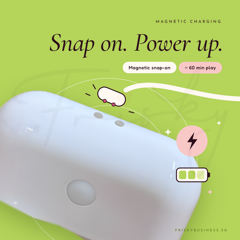 Close-up of the Bunny Cake charging case showing magnetic snap-on charging
