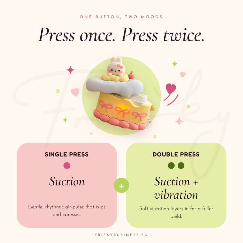 Bunny Cake controls: single press for air-pulse suction, double press for suction plus vibration