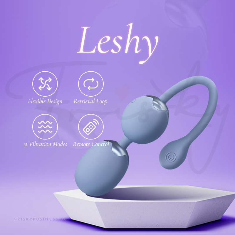 Leshy egg vibrator displayed on a white dish with feature icons on a purple gradient background.
