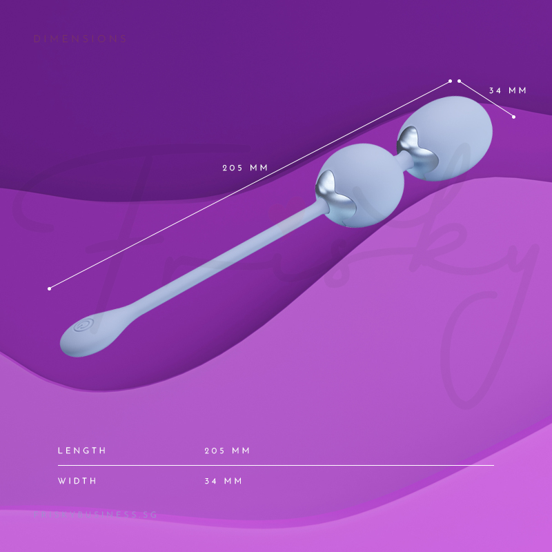 Blue egg vibrator shown measurements against a deep purple background.