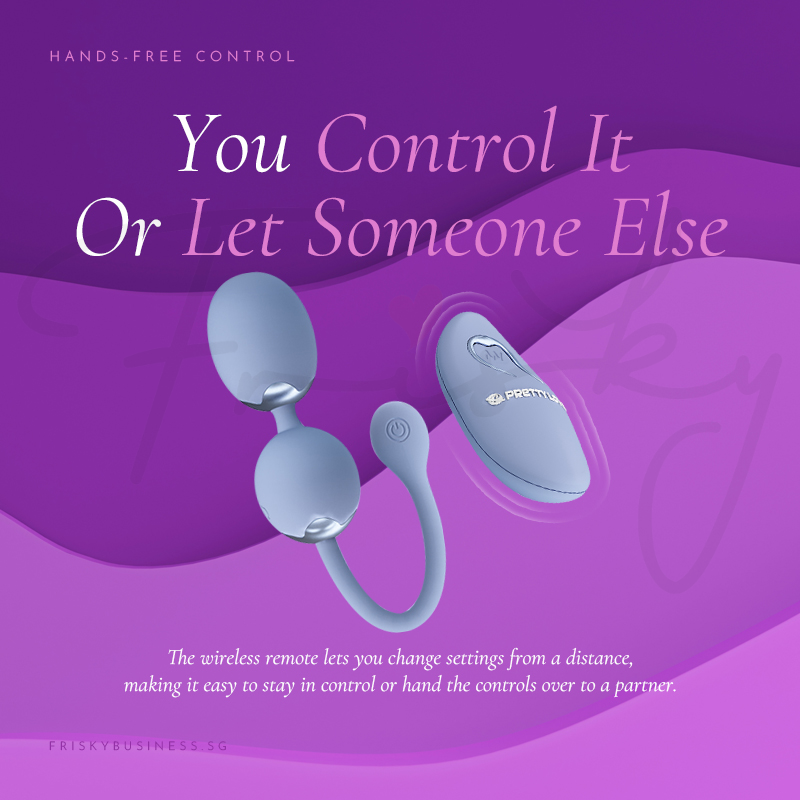 Blue egg vibrator and remote control shown against a purple background emphasizing shared control.