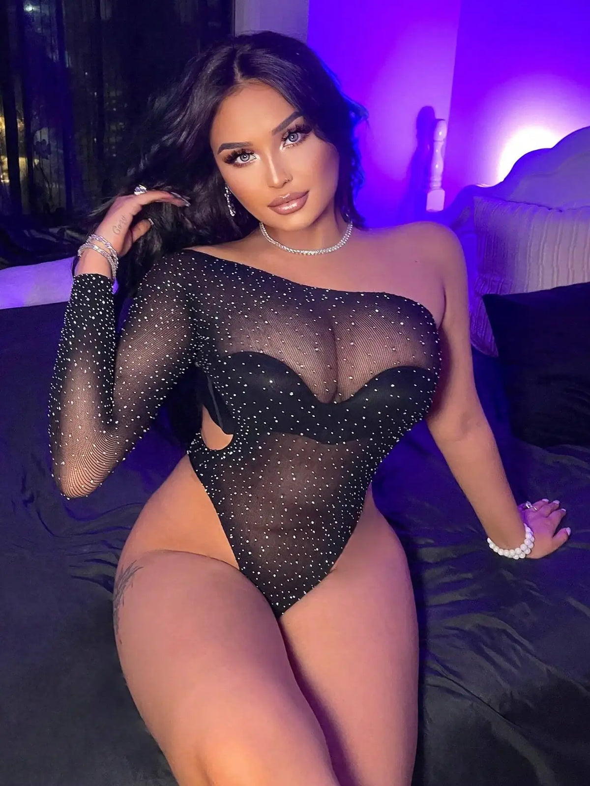 Bodystocking - 1 Pc Shinning Rhinestone Sexy Fishnet with Waist Cut In - Frisky Business Adult Sex Toys Shop