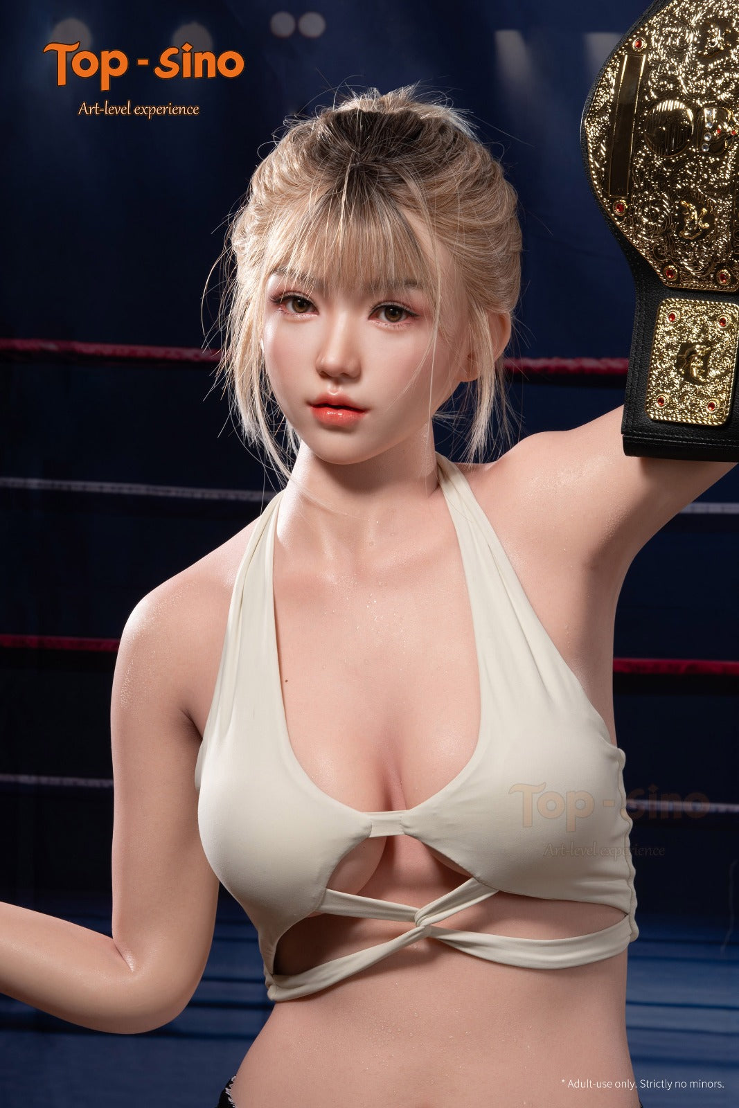 The Top Sino Mitu doll in a boxing ring, posing with one arm raised while wearing a championship belt, showcasing her athletic 171 cm platinum silicone frame and realistic expression.