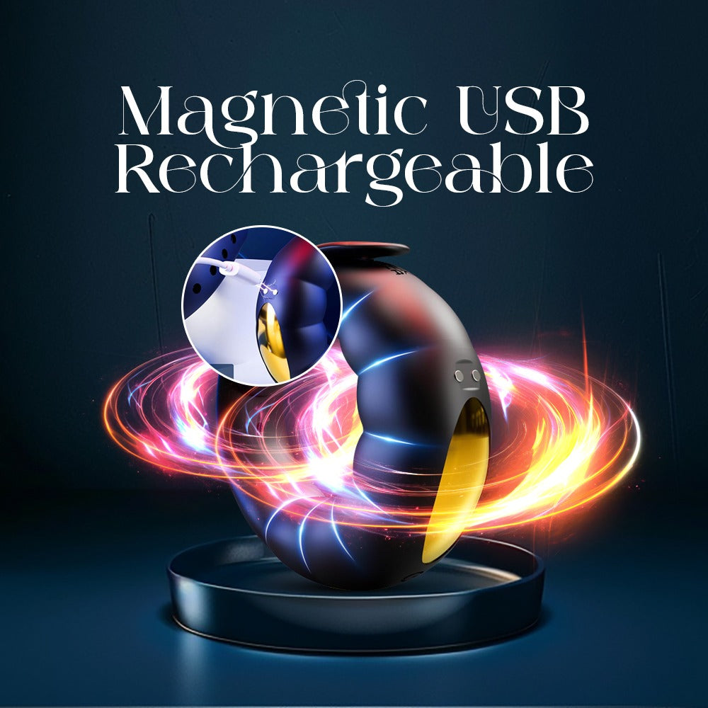 Magnetic USB rechargeable device with colorful energy effects on a dark background