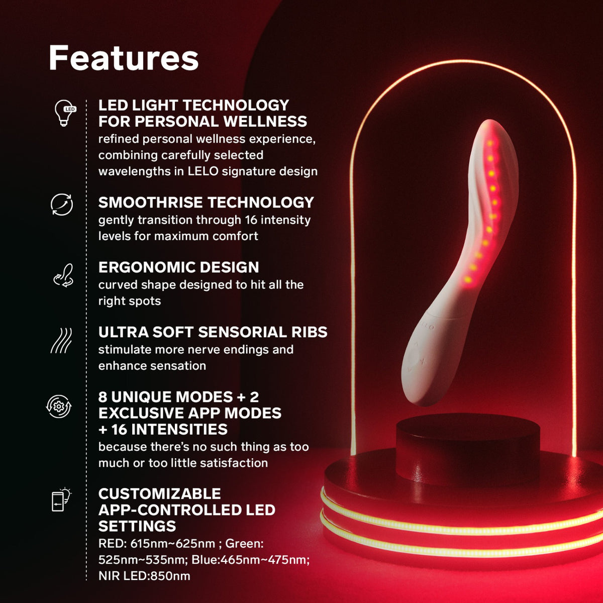 A promotional graphic for a red LED light therapy wand. The image features a white wand with curved ribbed ends inside a glowing red dome-shaped frame on a matching red circular base.