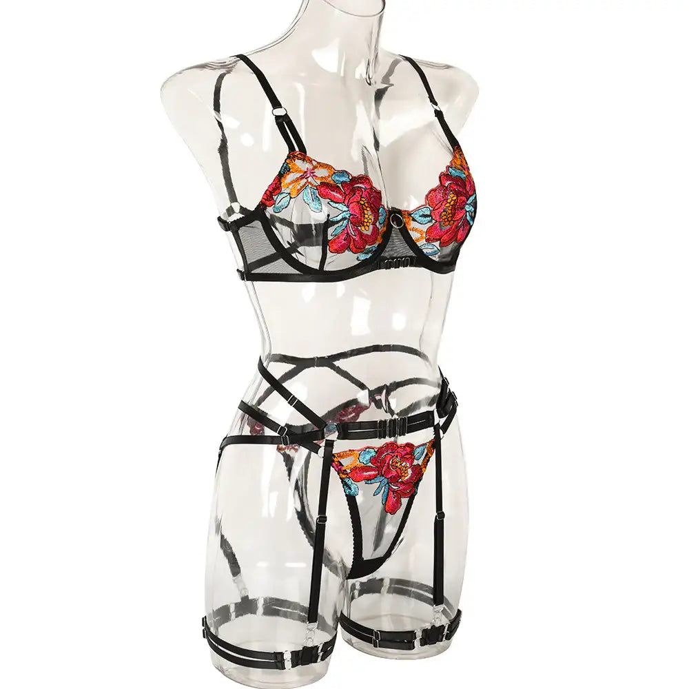 Bra Set - 3 Pcs Sexy Embroidery Transparent Lingerie with Garters - Frisky Business Adult Sex Toys Shop