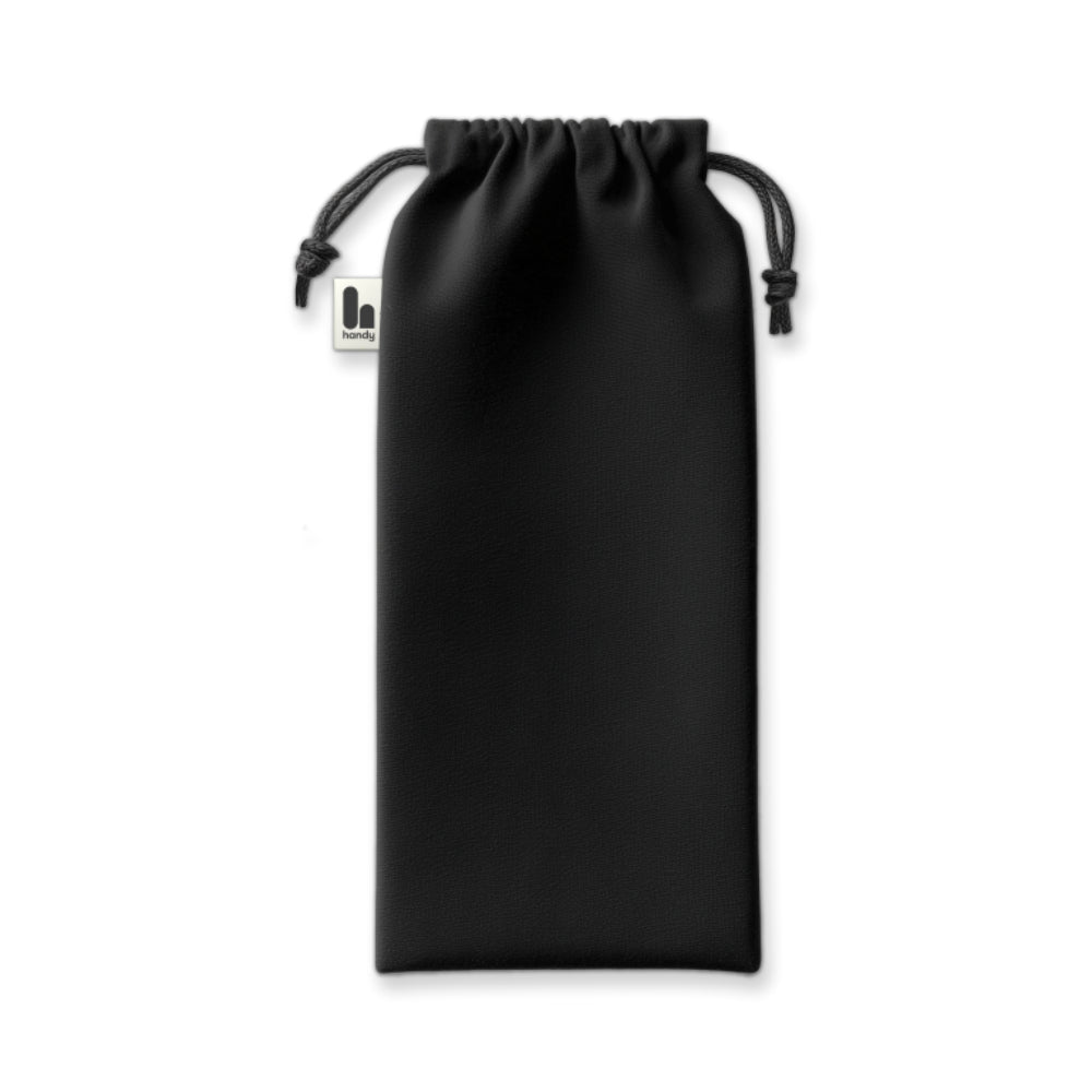 Black drawstring pouch with a brand logo on a white background