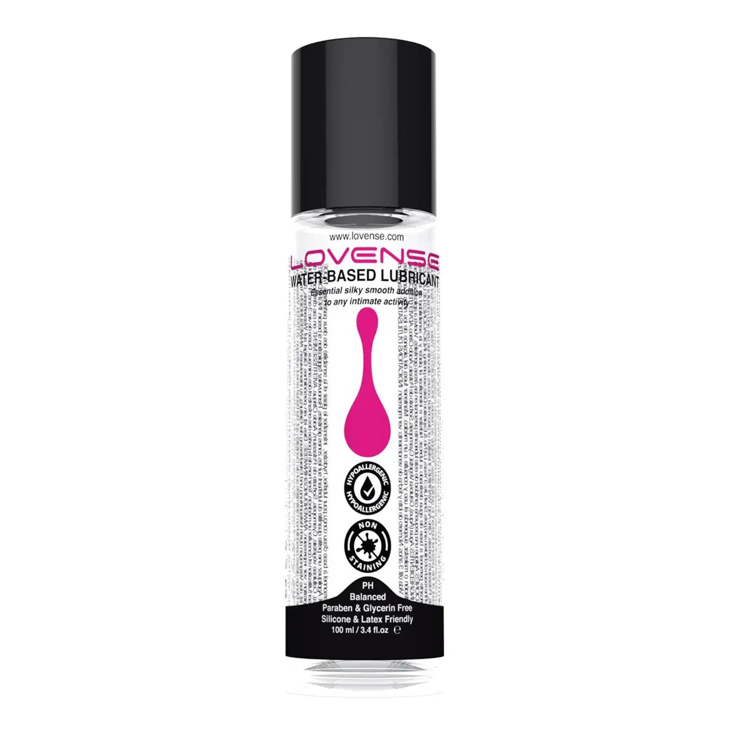 Water-based lubricant bottle with black cap and pink branding on label.”