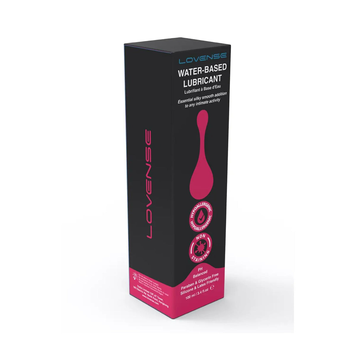 Lubricant product packaging box in black and pink standing upright minimal design Singapore