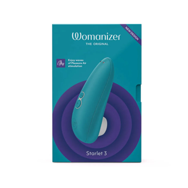 Womanizer Starlet 3 box front showing the turquoise device against a purple swirl pattern