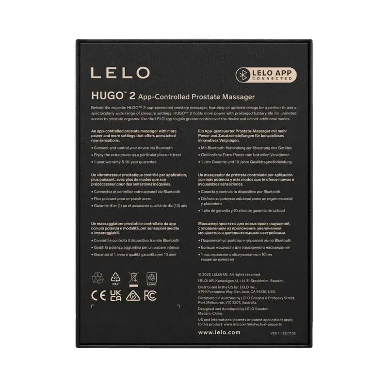 LELO Hugo 2™ APP Prostate Massager Black Bluetooth-enabled massager with interactive app control for personalized prostate massage Singapore