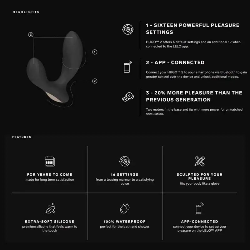 LELO Hugo 2™ APP Prostate Massager Black body-safe silicone construction ensures hygienic and smooth touch for safe pleasure Singapore