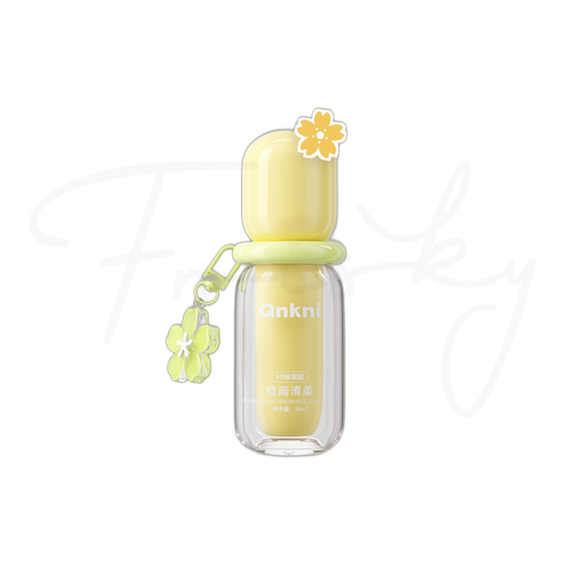 Yellow lubricant bottle with a flower charm on a plain white background