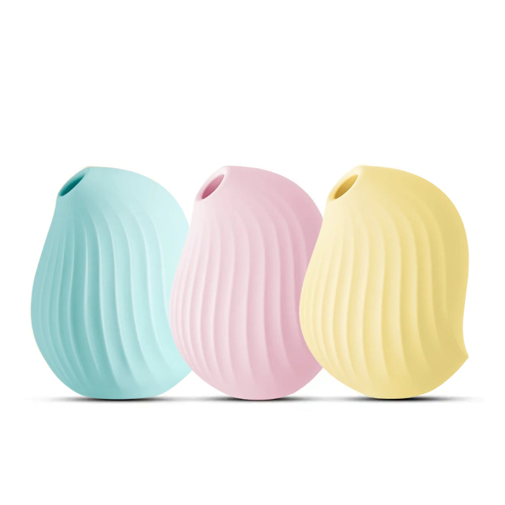 Three pastel Cuddly Bird vibrators in blue, pink, and yellow displayed upright on white