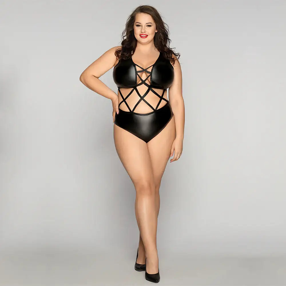 PLUS SIZE Bodysuit - 1 Pc Black Faux Leather Women's Lingerie with Crisscross Detailing Strappy Front and Sleeveless Cut - Frisky Business Adult Sex Toys Shop