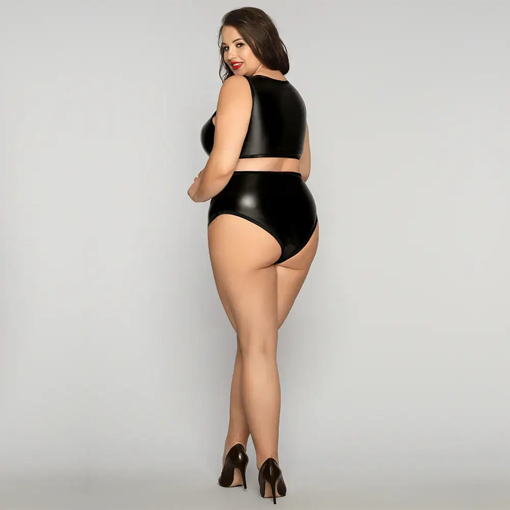 PLUS SIZE Bodysuit - 1 Pc Black Faux Leather Women's Lingerie with Crisscross Detailing Strappy Front and Sleeveless Cut - Frisky Business Adult Sex Toys Shop