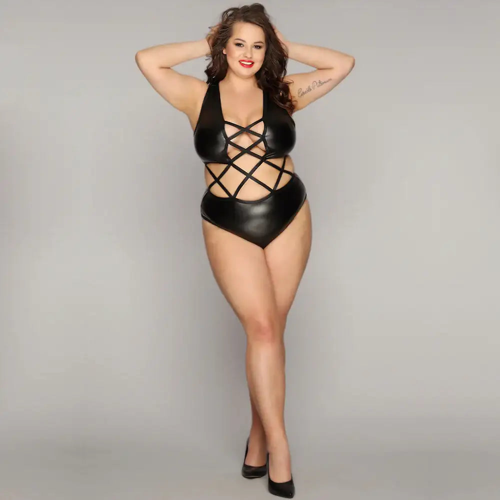 PLUS SIZE Bodysuit - 1 Pc Black Faux Leather Women's Lingerie with Crisscross Detailing Strappy Front and Sleeveless Cut - Frisky Business Adult Sex Toys Shop