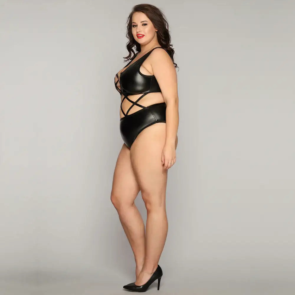 PLUS SIZE Bodysuit - 1 Pc Black Faux Leather Women's Lingerie with Crisscross Detailing Strappy Front and Sleeveless Cut - Frisky Business Adult Sex Toys Shop
