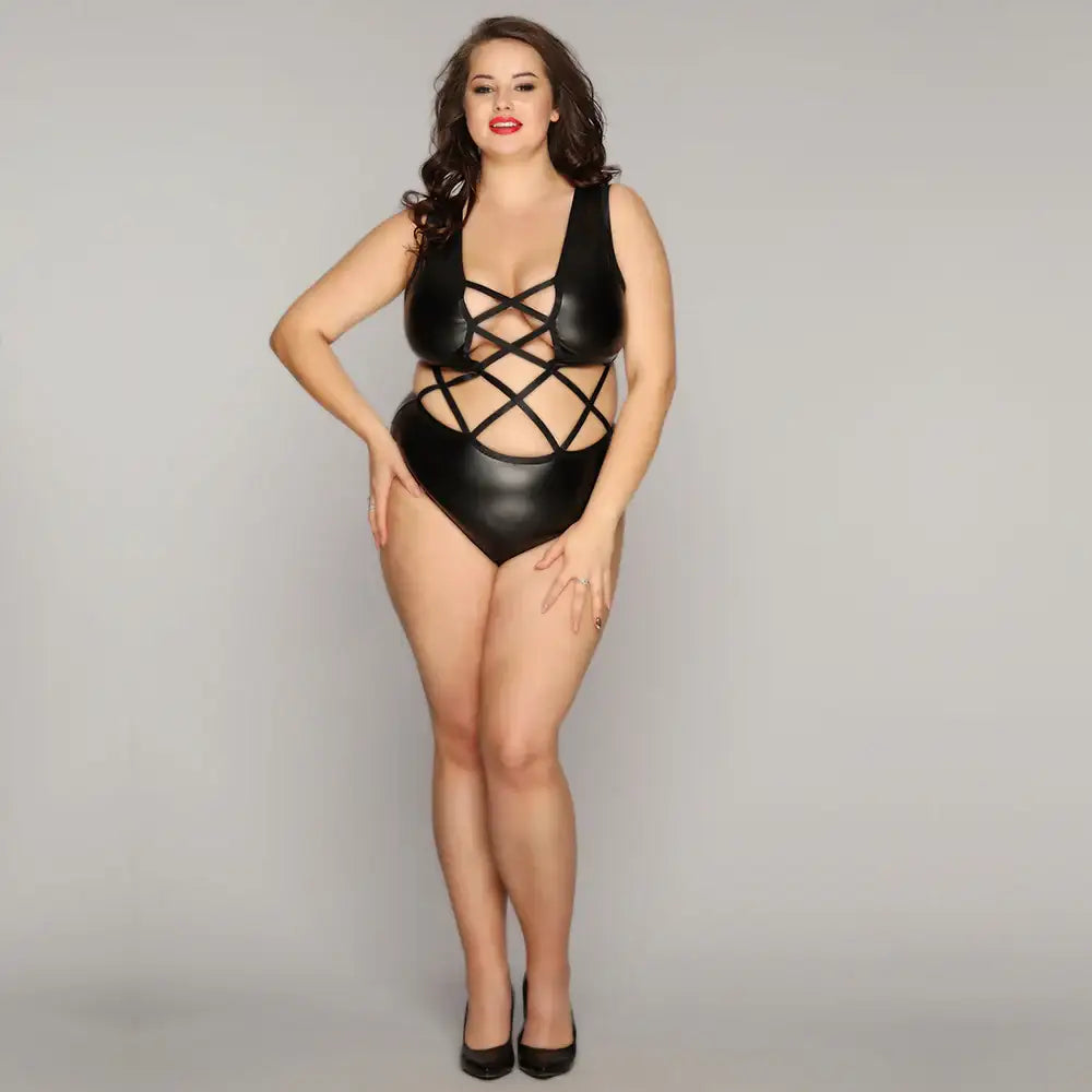 PLUS SIZE Bodysuit - 1 Pc Black Faux Leather Women's Lingerie with Crisscross Detailing Strappy Front and Sleeveless Cut - Frisky Business Adult Sex Toys Shop