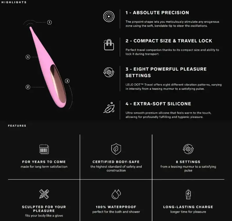 LELO Dot Travel Rechargeable Clitoral Pinpoint Vibrator Pink high-performance clitoral stimulator with compact design for easy handling and powerful sensations Singapore