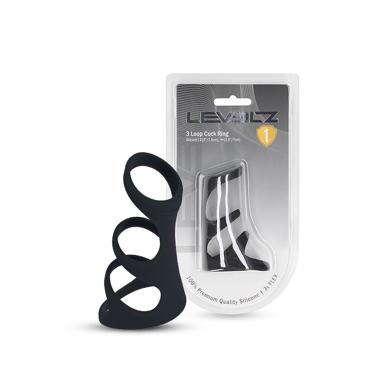LEVELZ 3-Loop Silicone Cock Ring in black, shown beside retail packaging with the three connected loops visible.
