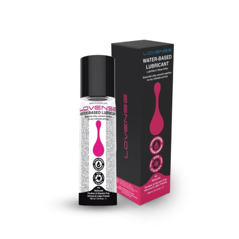 Water based lubricant bottle with matching black and pink box angled product display Singapore