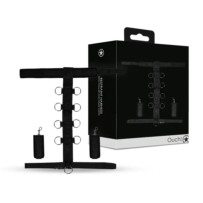SHOTS Ouch! Restraint Harness with Collar and Hand Cuffs Black adjustable bondage harness for adult play accessory Singapore