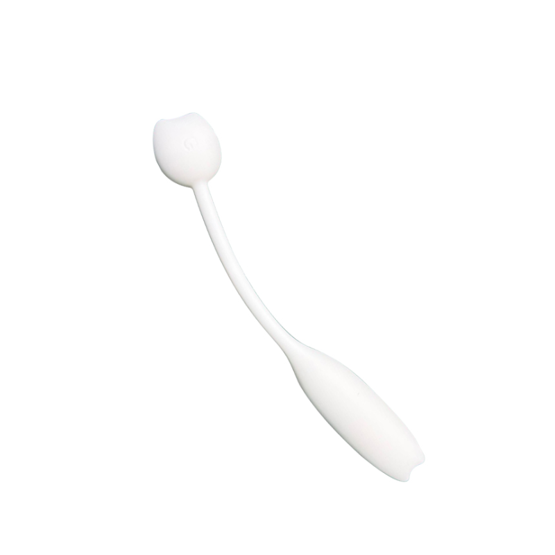 Ivory app-controlled vibrator with a rounded tip, slim neck and larger rounded handle, white background