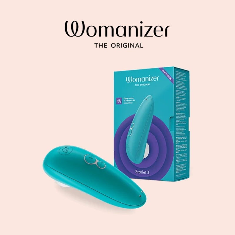 Womanizer Starlet 3 box with the turquoise device beside it on a soft pink background