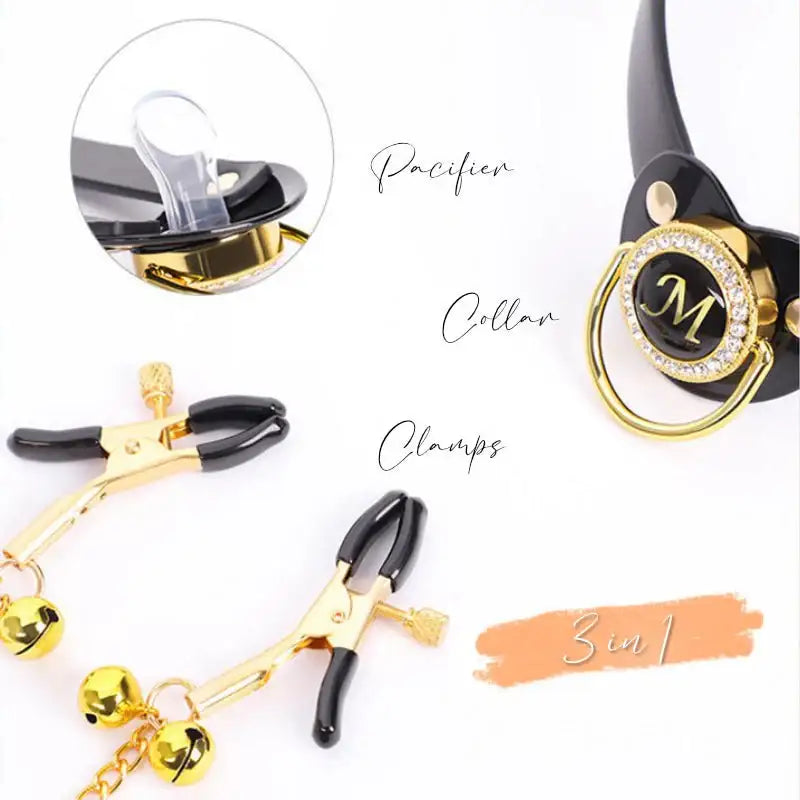 BDSM - Collar + Pacifier + Bell Nipple Clamps & Chains - Frisky Business Adult Sex Toys Shop