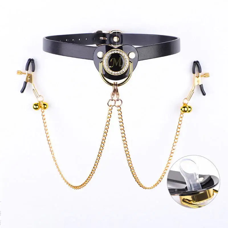 BDSM - Collar + Pacifier + Bell Nipple Clamps & Chains - Frisky Business Adult Sex Toys Shop