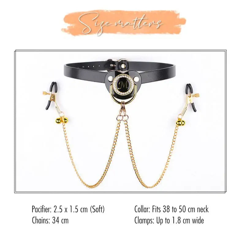 BDSM - Collar + Pacifier + Bell Nipple Clamps & Chains - Frisky Business Adult Sex Toys Shop