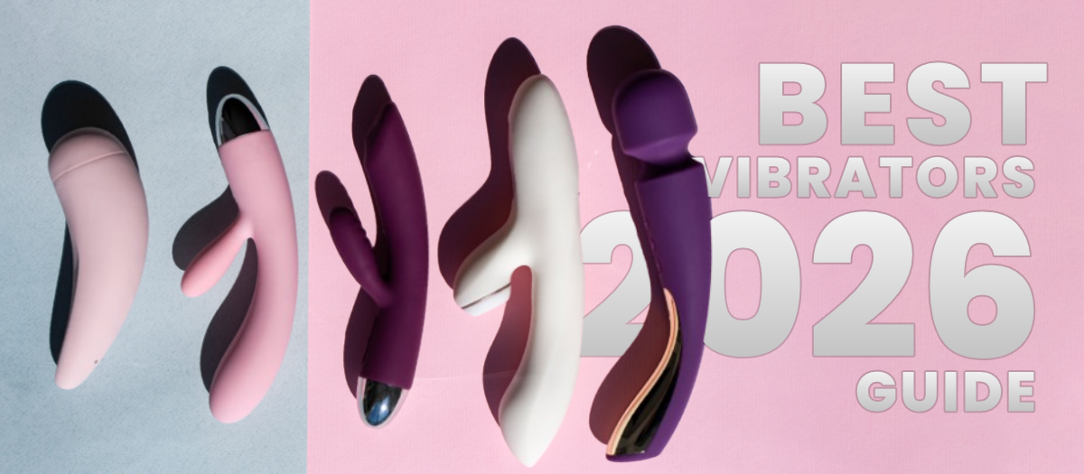 Two pairs of vibrators on a gray and pink background with 'Best Vibrators 2026 Guide' text.