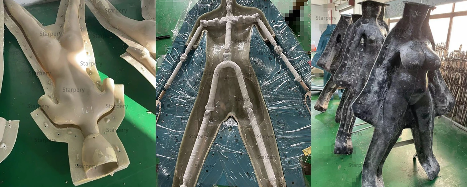 Stages of internal skeleton and mold structure used in silicone doll manufacturing